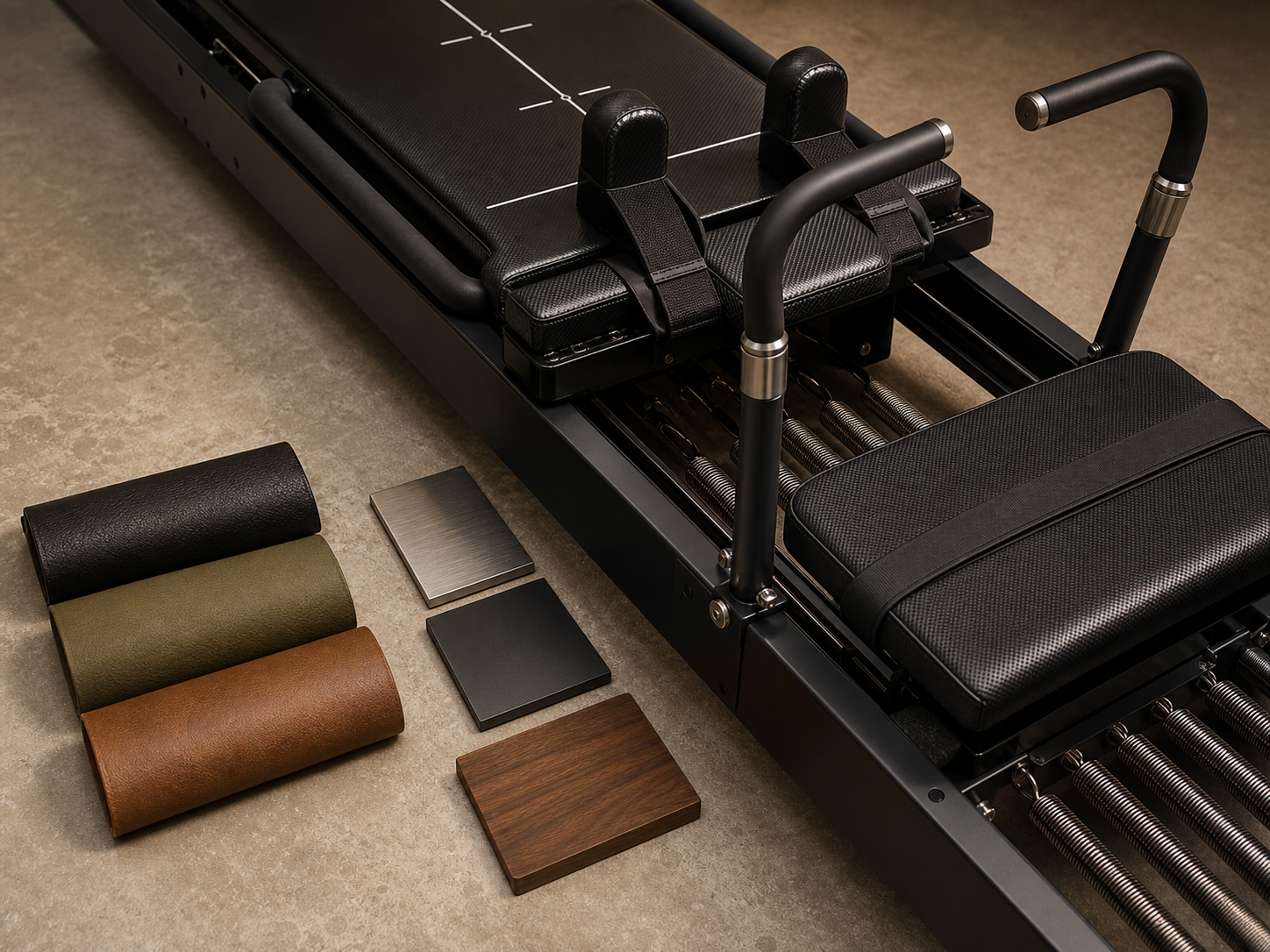 Custom upholstery and finish materials for a premium commercial reformer machine